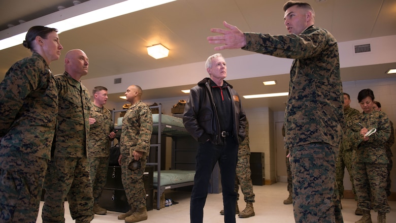 Secretary of the Navy Ray Mabus is given an overview of a squad bay at Officer Candidate School during his visit to Marine Corps Base Quantico, Virginia, Jan. 27, 2016. Mabus visited OCS and The Basic School to talk to the officers about the future of the Marine Corps. 