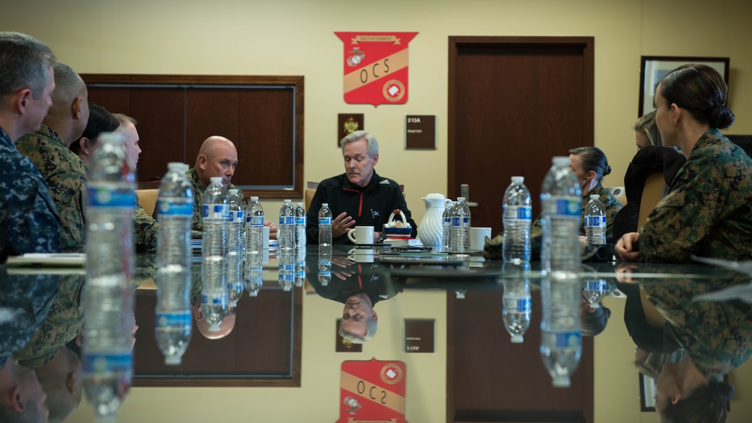 Secretary of the Navy Ray Mabus meets with the staff of Officer Candidate School and Training Command during his visit to Marine Corps Base Quantico, Virginia, Jan. 27, 2016. The meeting gave Marine leaders an opportunity to ask the secretary about the new integration of ground combat military occupational specialties.