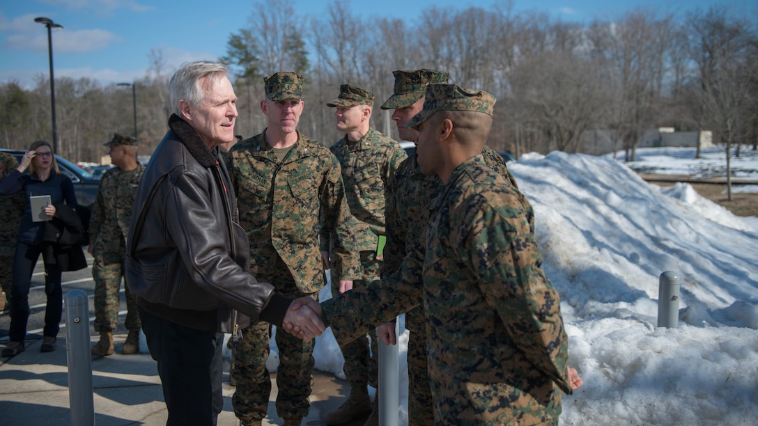 Secretary of the Navy Ray Mabus greets Marines at The Basic School during his visit to Marine Corps Base Quantico, Virginia, Jan. 27, 2016. Mabus greeted the Marines before speaking to a classroom of lieutenants about the future of the Marine Corps.