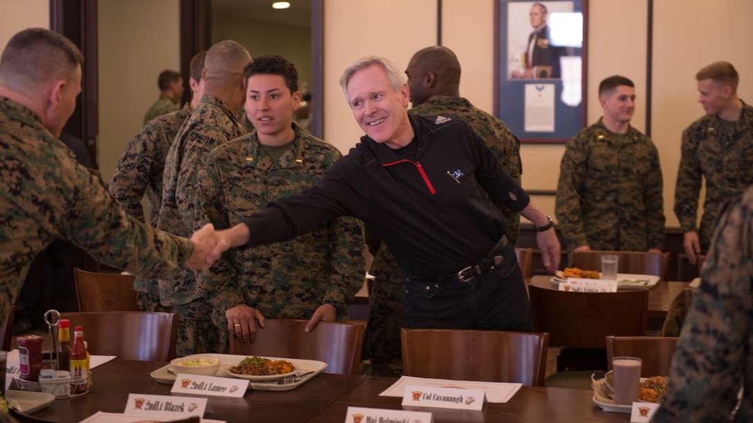 Secretary of the Navy Ray Mabus greets a Marine during his visit to The Basic School as part of his visit to Marine Corps Base Quantico, Virginia, Jan. 27, 2016. Mabus visited Quantico to talk to Marine Corps officers and officer candidates about gender integration and the future of the Marine Corps.                           