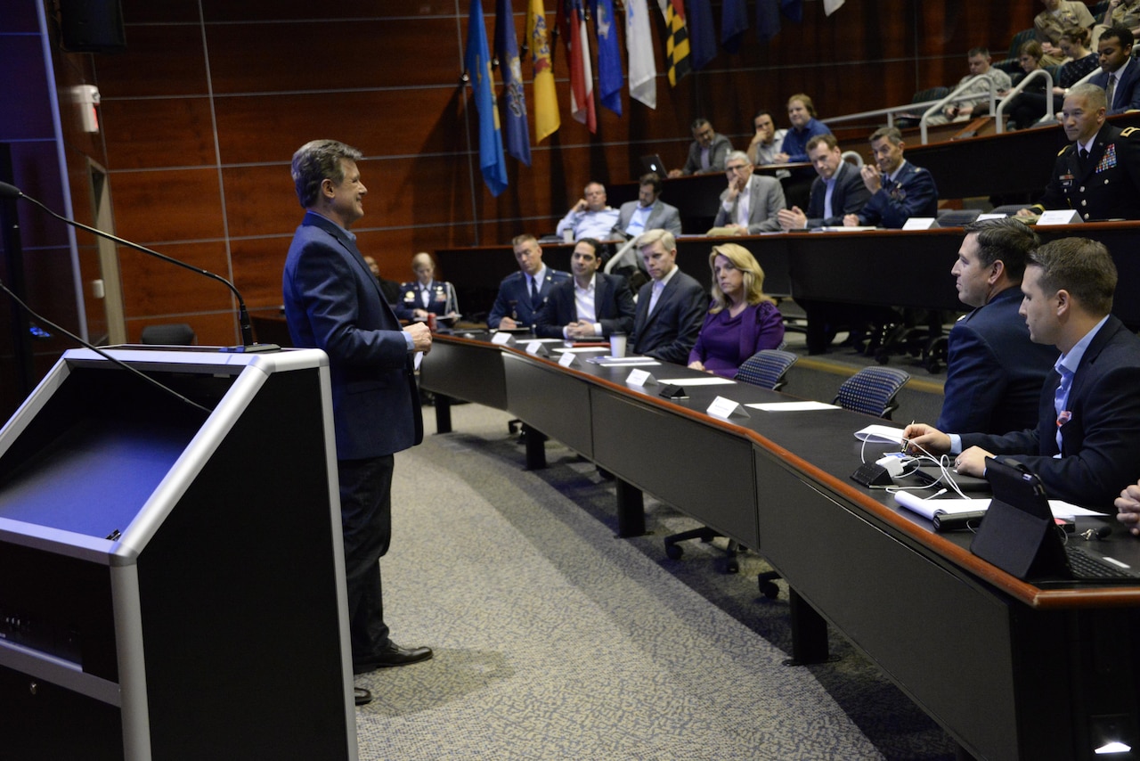 Defense Innovation Unit Experimental director George Duchak leads a recent event at the unit’s Mountain View facility in California. California Air National Guard photo by Air Force Master Sgt. Ray Aquino