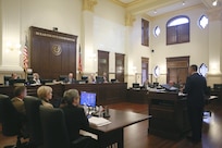 Col. Matt Isler, 12th Flying Training Wing commander, thanks the Bexar County Commissioner’s Court for their support during its meeting at the Bexar County Courthouse Jan. 26, 2016. The commissioner’s court passed a resolution adopting the Joint Land Use Study to promote compatible land use between the county and Joint Base San Antonio-Randolph. 