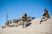 U.S. Marines with 3rd Battalion, 3rd Marine Regiment, 3rd Marine Division, conduct an urban terrain assault during Integrated Training Exercise 2-16 at Marine Corps Air Ground Combat Center Twentynine Palms, Calif., Jan. 26, 2016. The training was conducted to strengthen unit coordination and maneuvers during urban terrain assaults. (U.S. Marine Corps photo by Cpl. Trever A. Statz/Released)