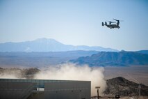 An MV-22B Osprey with Marine Medium Tiltrotor Squadron 363, performs a simulated casualty evacuation during Integrated Training Exercise 2-16 at Marine Corps Air Ground Combat Center Twentynine Palms, Calif., Jan. 26, 2016. The training was conducted to strengthen unit coordination and maneuvers during urban terrain assaults. (U.S. Marine Corps photo by Cpl. Trever A. Statz/Released)