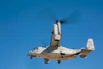 An MV-22B Osprey with Marine Medium Tiltrotor Squadron 363, performs a simulated casualty evacuation during an urban terrain assault during Integrated Training Exercise 2-16 at Marine Corps Air Ground Combat Center Twentynine Palms, Calif., Jan. 26, 2016. The training was conducted to strengthen unit coordination and maneuvers during urban terrain assaults. (U.S. Marine Corps photo by Cpl. Trever A. Statz/Released)