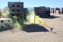 U.S. Marines with 3rd Battalion, 3rd Marine Regiment, 3rd Marine Division, conduct a simulated urban terrain assault during Integrated Training Exercise 2-16 at Marine Corps Air Ground Combat Center Twentynine Palms, Calif., Jan. 26, 2016. The training was conducted to strengthen unit coordination and maneuvers during urban terrain assaults. (U.S. Marine Corps photo by Cpl. Trever A. Statz/Released)