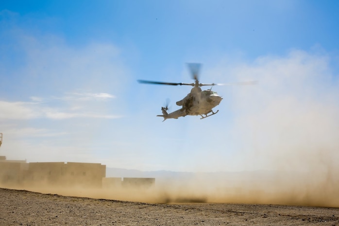 A UH-1Y Venom with Marine Light Attack Helicopter Squadron 369, Marine Aircraft Group 13, prepares to land to perform a simulated casualty evacuation during urban defensive training during Integrated Training Exercise 2-16 at Marine Corps Air Ground Combat Center Twentynine Palms, Calif., Jan. 29, 2016. The training was conducted to strengthen unit coordination and maneuvers during urban terrain assaults. (U.S. Marine Corps photo by Cpl. Trever A. Statz/Released)