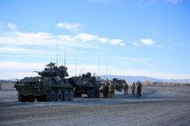 Light armored vehicles with 3rd Light Armored Reconnaissance Battalion, 1st Marine Division, take part in a mechanized assault course (MAC) during Integrated Training Exercise 2-16 at Marine Corps Air Ground Combat Center Twentynine Palms, Calif., Jan. 28, 2016. The training was conducted to strengthen unit coordination and maneuvers during mechanized assaults. (U.S. Marine Corps photo by Cpl. Trever A. Statz/Released)
