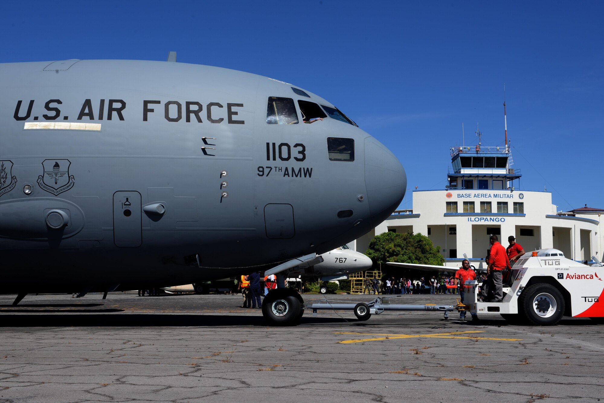 A U.S. Air Force C-17 Globemaster III cargo aircraft, 58th Airlift Squadron, sits on the flightline at Ilopango International Airport in San Salvador, El Savador, Jan. 30, during the 2016 Ilopango Airshow. The C-17 was sent from Altus Air Force Base, Okla., to foster relationships between the U.S. and El Salvador. The aircraft was setup as a static display for the attendees to view and learn about some of its capabilities. (U.S. Air Force photo by Senior Airman Franklin R. Ramos/Released)