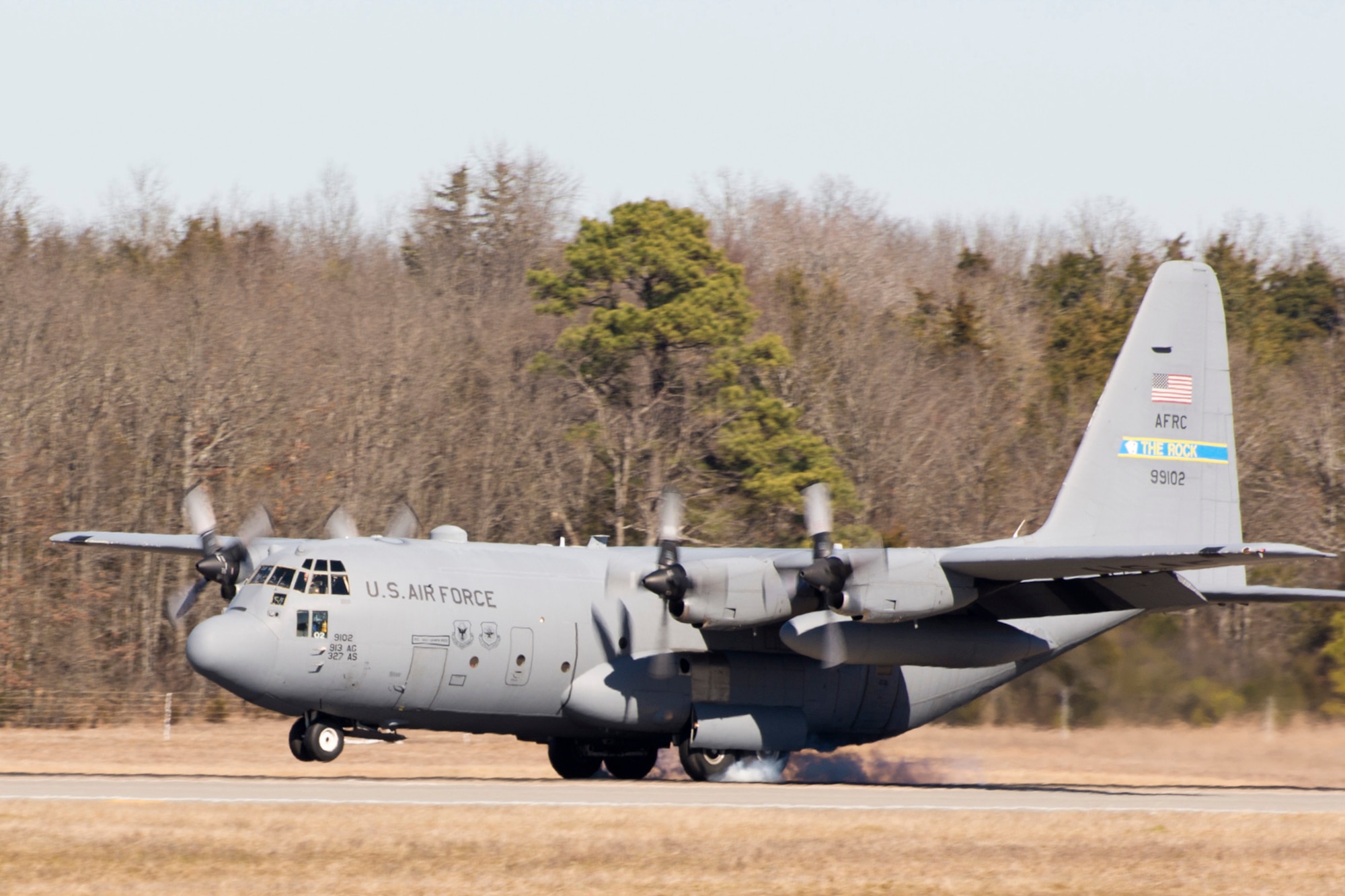 A U.S. Air Force Reserve C-130H Hercules assigned to the 913th Airlift Group, touches down on the runway at Little Rock Air Force Base after its final mission for the unit Jan. 28, 2016. The aircraft is one of the last two that will be moved to a new locations soon, as part of the group’s transition from the “H” model to the “J” model. (U.S. Air Force photo by Master Sgt. Jeff Walston/Released)