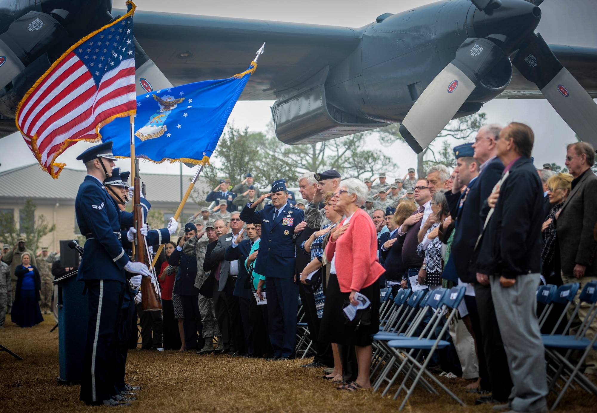 Hurlburt Field Base Honor Guard members present the colors before the AC-130H Spectre dedication ceremony at Hurlburt Field, Fla., Feb. 2, 2016. The Spectre played a role in operations all over the world, first in Vietnam, proceeding into the latter of the 20th century with operations Eagle Claw, Urgent Fury, Just Cause and Desert Storm. The last operational years of the AC-130H Spectre were spent flying combat missions in the Balkans and Somalia, and in Afghanistan in support of Operation Enduring Freedom. (U.S. Air Force photo by Senior Airman Meagan Schutter)