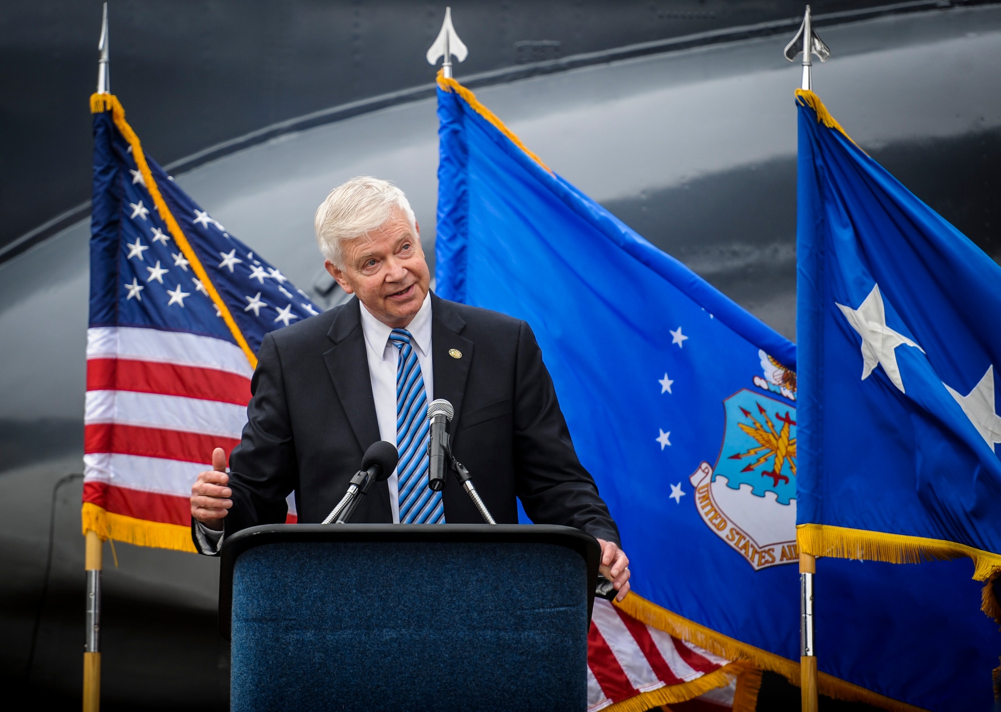 Retired Gen. Charles Holland, former commander of U.S. Special Operations Command and Air Force Special Operations Command, speaks to guests during the AC-130H Spectre dedication ceremony at Hurlburt Field, Fla., Feb. 2, 2016. The Spectre played a role in operations all over the world, first in Vietnam, proceeding into the latter of the 20th century with operations Eagle Claw, Urgent Fury, Just Cause and Desert Storm. The last operational years of the AC-130H Spectre were spent flying combat missions in the Balkans and Somalia, and in Afghanistan in support of Operation Enduring Freedom. (U.S. Air Force photo by Senior Airman Meagan Schutter)