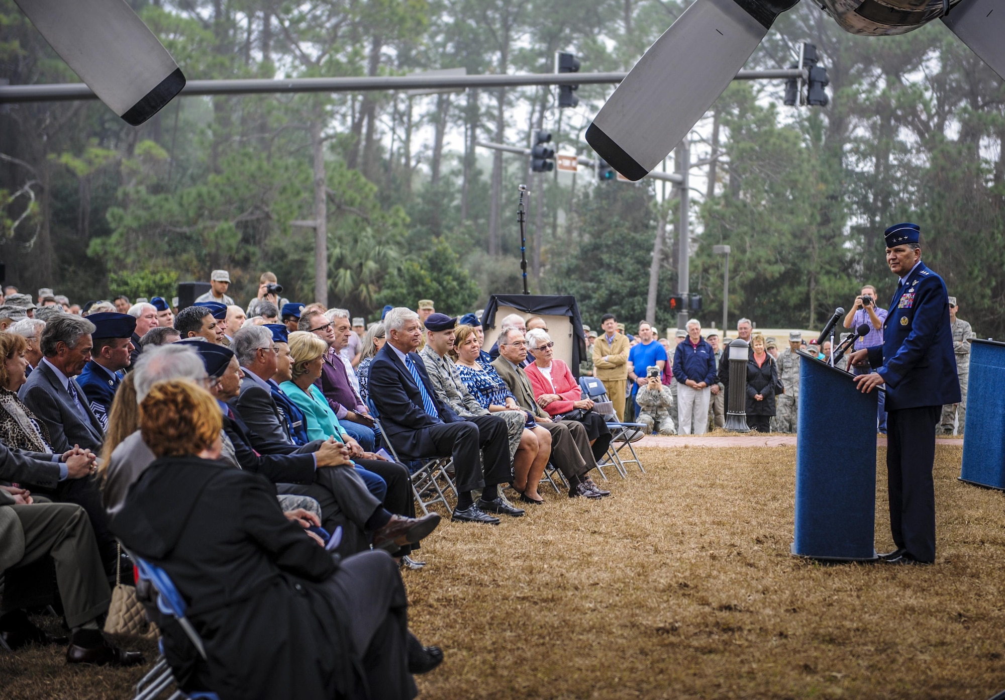 Lt. Gen. Brad Heithold, commander of Air Force Special Operations Command, speaks to guests during the AC-130H Spectre dedication ceremony at Hurlburt Field, Fla., Feb. 2, 2016. More than 400 people attended the dedication ceremonies for the AC-130H Spectre and MC-130P Combat Shadow to honor the legacy of these aircraft at the air park.  As the aircraft retire, the Air Force and Air Force Special Operations Command modernize the fleet with the AC-130J Ghostrider and MC-130J Commando II. (U.S. Air Force photo by Senior Airman Meagan Schutter)