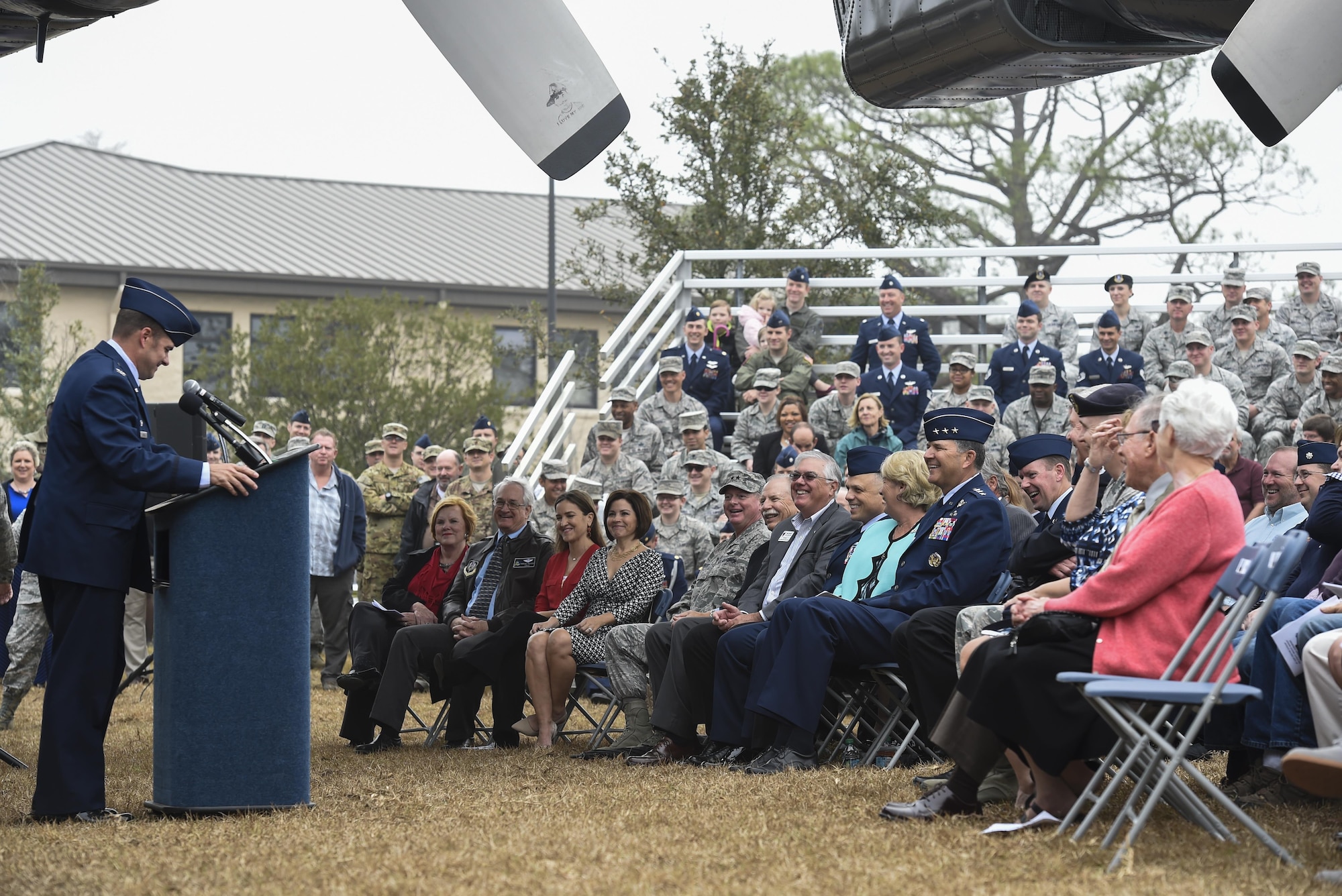 Col. Sean Farrell, commander of the 1st Special Operations Wing, speaks during an Air Park dedication ceremony of an AC-130H Spectre at Hurlburt Field, Fla., Feb. 2, 2016. More than 400 people attended the dedication ceremonies for the AC-130H Spectre and MC-130P Combat Shadow to honor the legacy of these aircraft at the air park.  As the aircraft retire, the Air Force and Air Force Special Operations Command modernize the fleet with the AC-130J Ghostrider and MC-130J Commando II. (U.S. Air Force photo by Airman 1st Class Kai White)