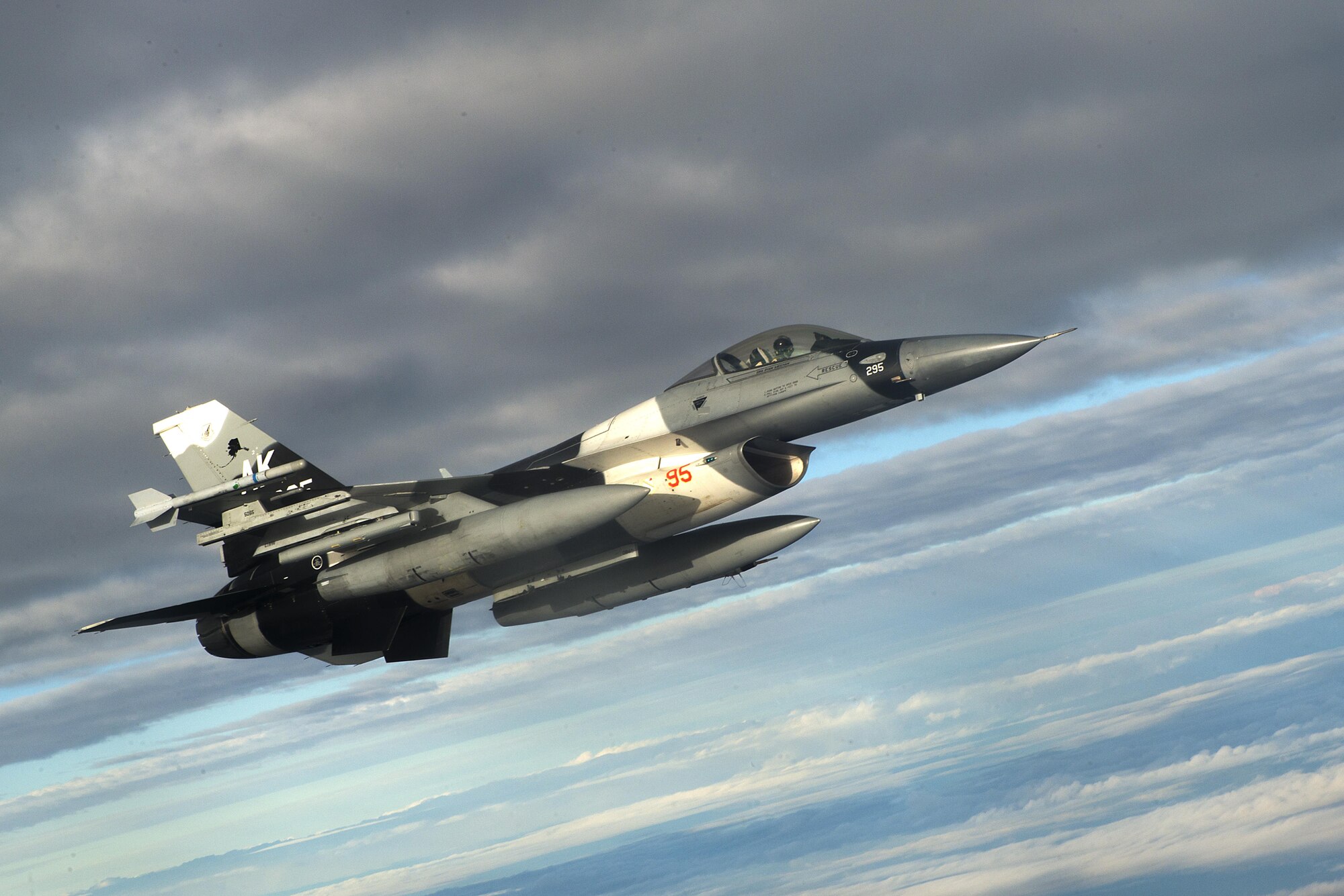 A U.S. Air Force F-16 Fighting Falcon from the 18th Aggressor Squadron at Eielson Air Force Base, Alaska, flies in support of Forceful Tiger Jan. 28, 2016, near Okinawa, Japan. The 18th AGRS, which opened Aug. 24, 2007, provides challenging, yet realistic threat replication training in order to prepare Air Force, joint and allied aircrews for potential aerial combat. (U.S. Air Force photo by Staff Sgt. Maeson L. Elleman/Released)