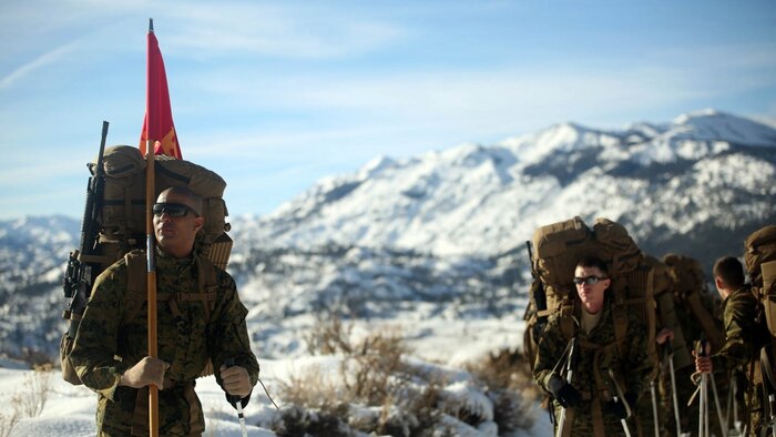 Cpl. Immanuel Friddle, guide for Combat Logistics Battalion 252, prepares for a hike in Bridgeport, California, during Mountain Exercise 1-16, a cold weather training exercise, on Jan. 11, 2016. The training is a prerequisite for a large, multi-national exercise called Cold Response 16 that will take place in Norway, March of this year. Cold Response will challenge 12 NATO allies’ and partners’ abilities to work together and respond in the case of a crisis. 