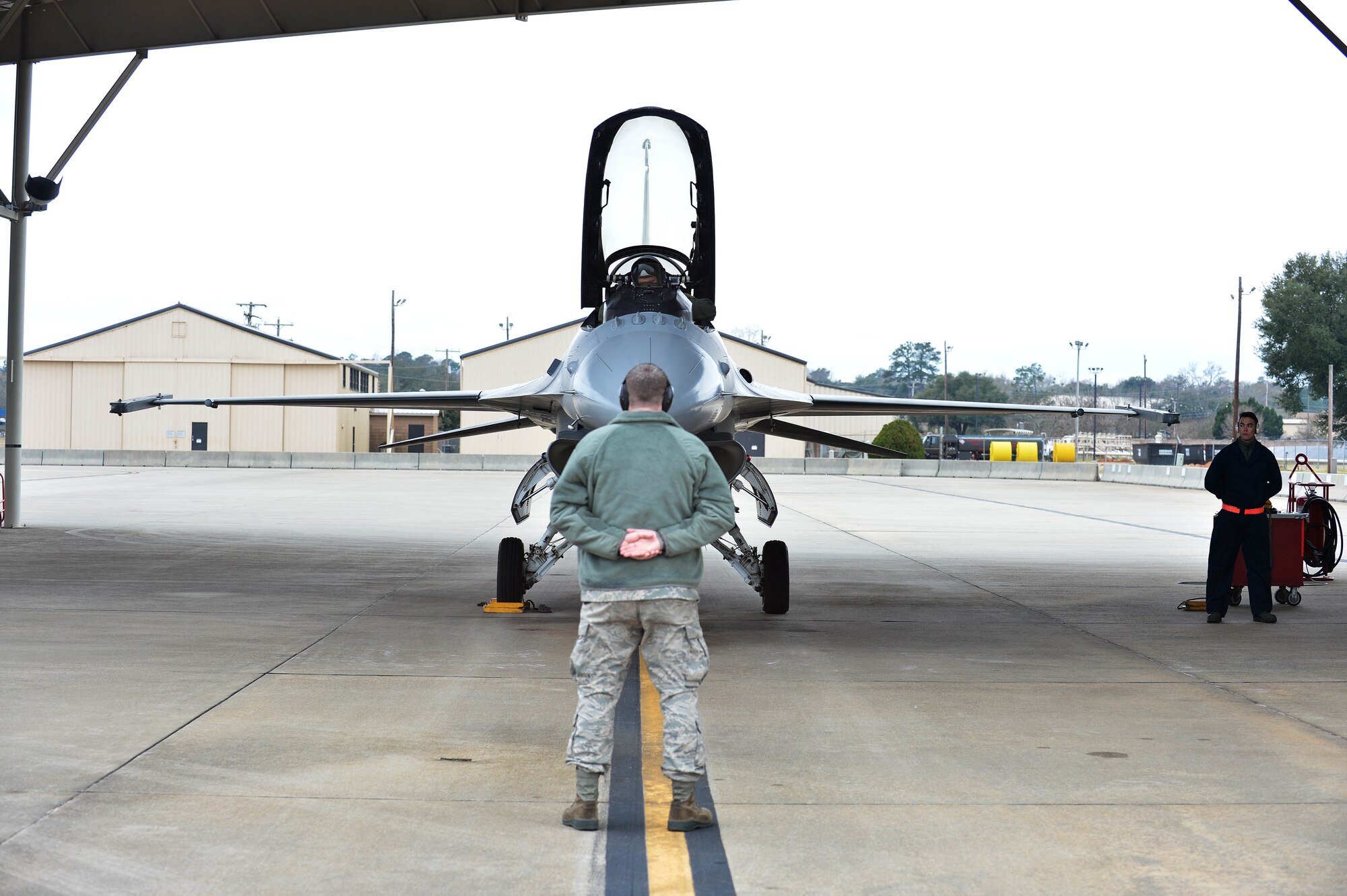 Viper Demonstration Team members prepare for an aerial demonstration practice at Shaw Air Force Base, S.C., Jan. 27, 2016. During the off-season, members of the team practice to maintain the skills necessary to provide a successful aerial demonstration. (U.S. Air Force photo by Senior Airman Diana M. Cossaboom)