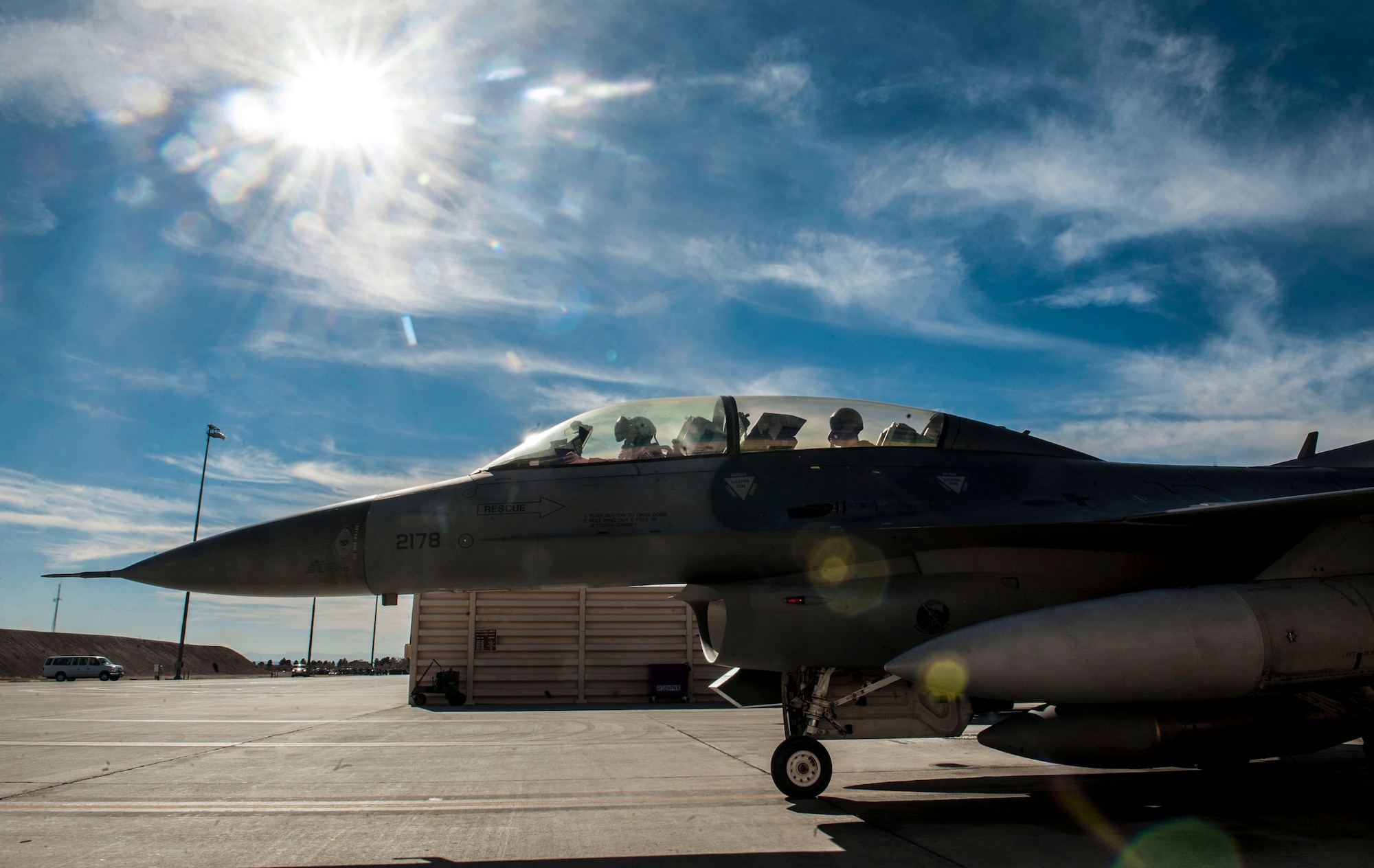 An F-16 Fighting Falcon assigned to the 510th Fighter Squadron, Aviano Air Base, Italy, waits to taxi during Red Flag 16-1 at Nellis Air Force Base, Nev. Jan. 29. Red Flag is a realistic combat training exercise that provides heavily-contested and degraded operational environments to prepare crews for possible major combat operations. (U.S. Air Force photo by Airman 1st Class Rachel Loftis)