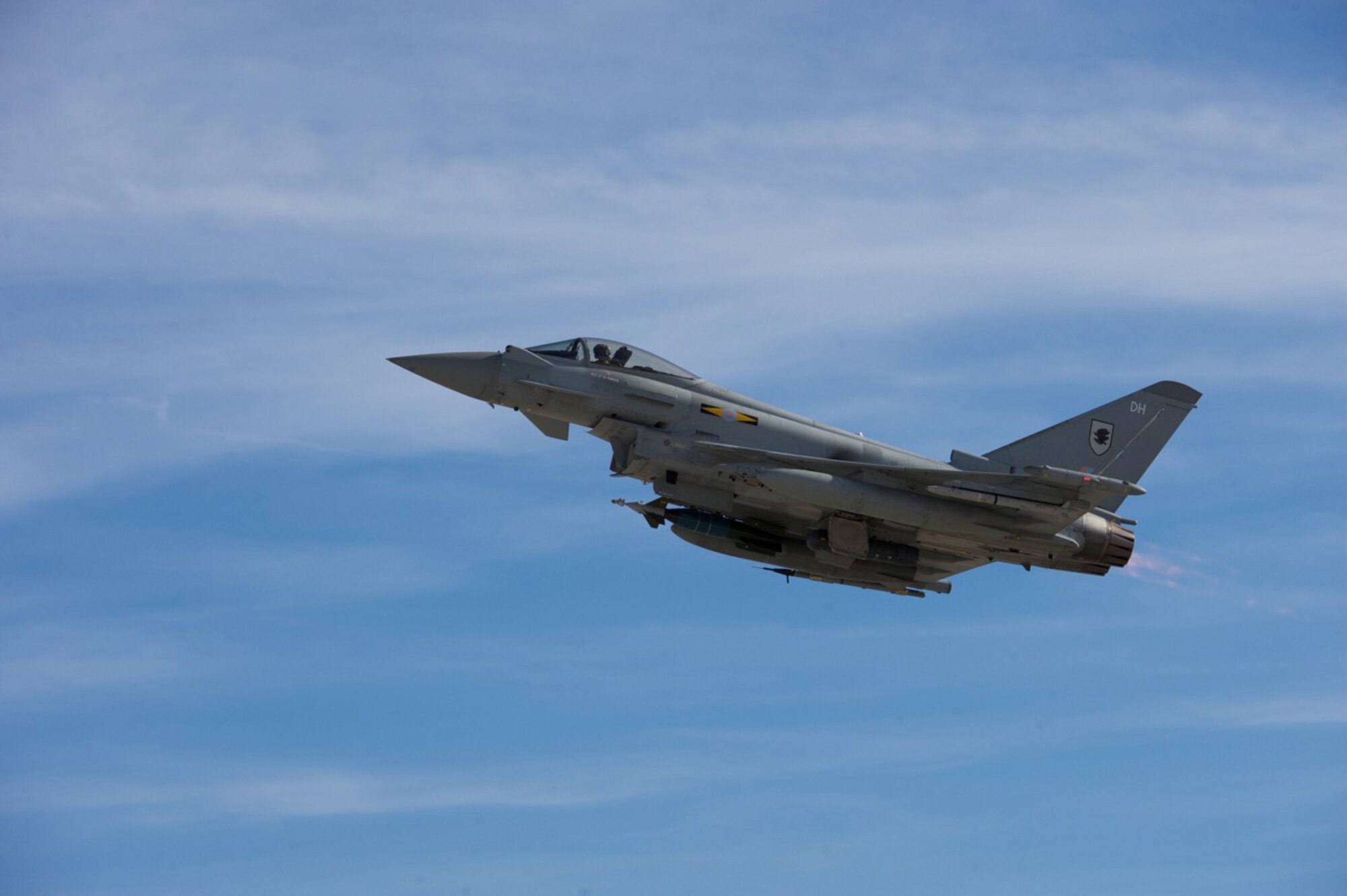 A Typhoon assigned to the 3 Fighter Squadron, Royal Air Force Coningsby U.K., launches from the flightline for a training sortie during Red Flag 16-1 at Nellis Air Force Base, Nev., Jan. 27, 2015. The 3 FS was one of three founding squadrons of the Royal Flying Corps Squadrons formed on May 13, 1912. (U.S. Air Force photo by Senior Airman Mikaley Kline)