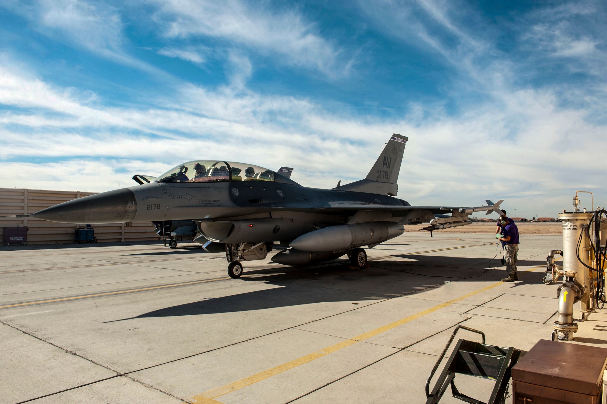 An F-16 Fighting Falcon assigned to the 510th Fighter Squadron, Aviano Air Base, Italy awaits preflight checks during Red Flag 16-1 at Nellis Air Force Base, Nev. Jan. 29. Units from around the country and the world come to Nellis AFB to participate and work together on simulated combat scenarios to prepare for possible real-world contingencies. (U.S. Air Force photo by Airman 1st Class Rachel Loftis)