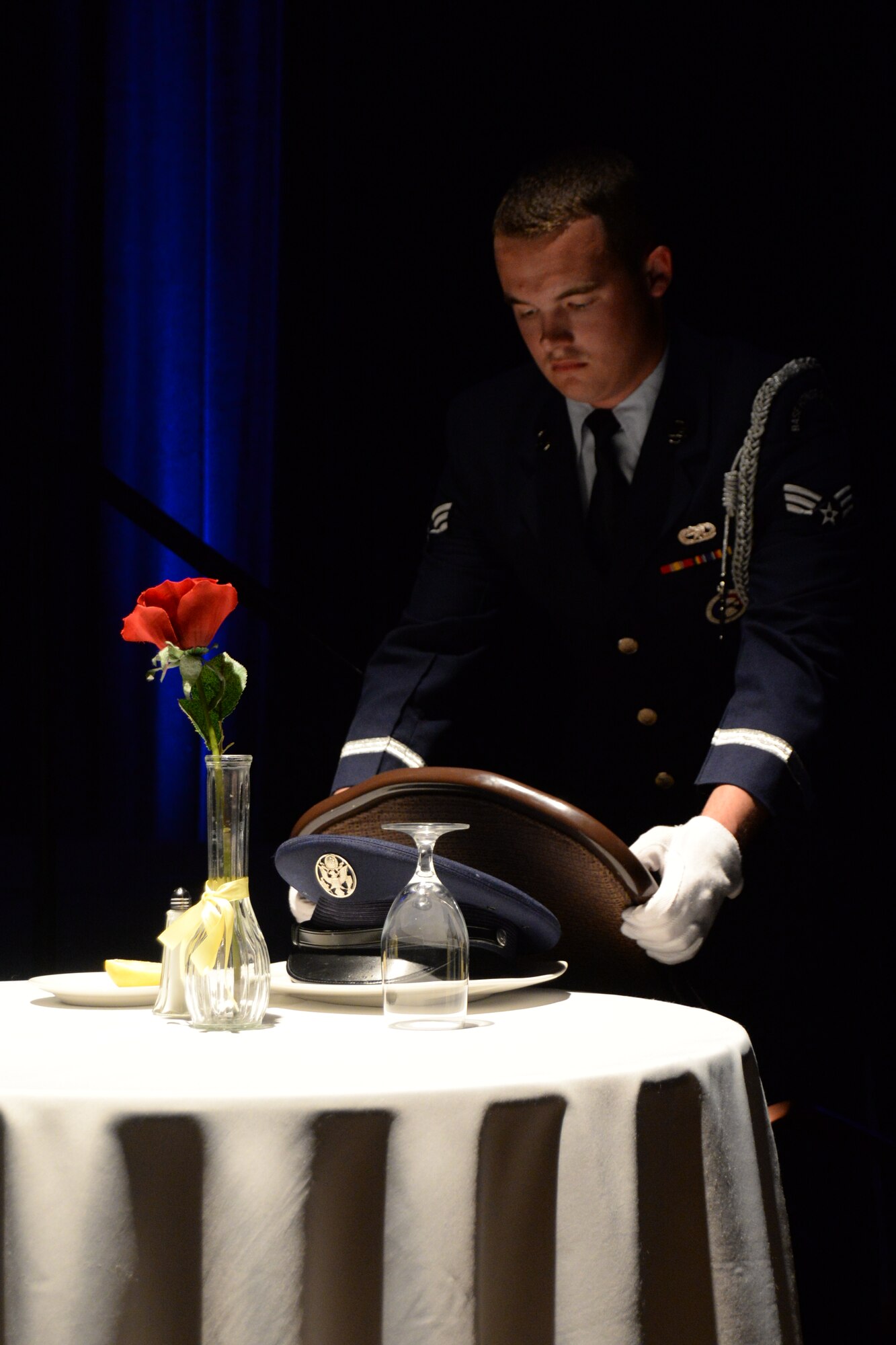The Luke Air Force Base Honor Guard perform the POW/MIA “Missing Man Table and Honors” ceremony and reserved a place to honor our missing brothers and sisters during the 2015 944th Annual Awards Banquet Jan. 30 at the Wigwam Resort. (U.S. Air Force photo/Staff Sgt. Nestor Cruz)