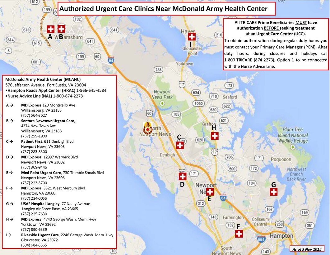 For TRICARE Prime beneficiaries assigned to MCAHC to receive care at an Urgent Care Center, an authorization number is required before proceeding to a UCC.  If you have any questions regarding seeking health care at a local UCC, please call McDonald’s staff members in the Managed Care Division at 314-7766 or 314-7748. (Courtesy Graphic)