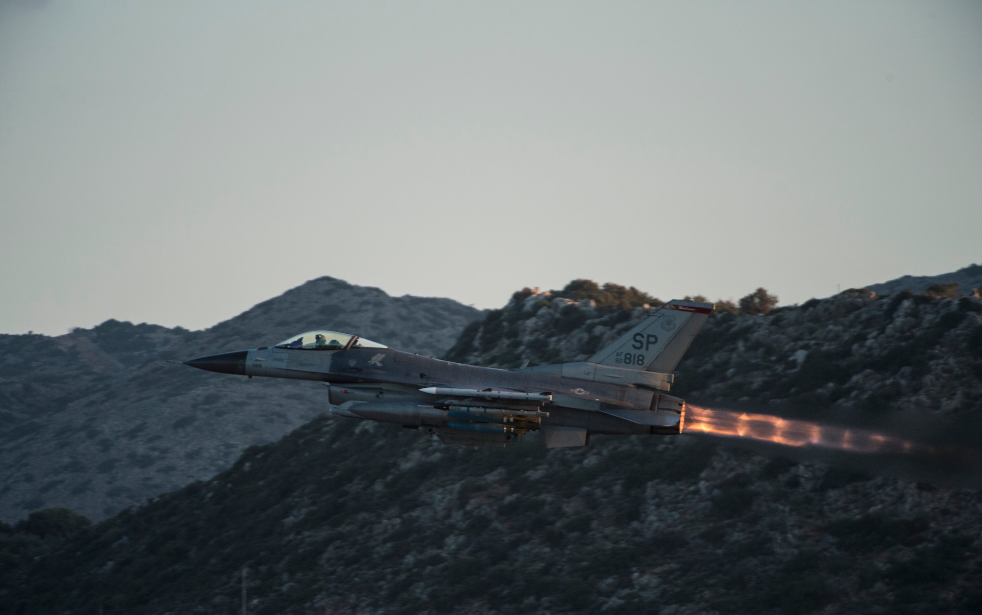A U.S. Air Force F-16 Fighting Falcon fighter aircraft pilot assigned to the 480th Expeditionary Fighter Squadron takes off from the flightline during a flying training deployment at Souda Bay, Greece, Feb. 1, 2016. The training included more than 15 aircraft launches a day as part of the training between the U.S. and Hellenic air forces. (U.S. Air Force photo by Staff Sgt. Christopher Ruano/Released)