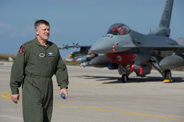 U.S. Air Forces in Europe and Air Forces Africa commander Gen. Frank Gorenc walks the flightline at Souda Bay, Greece, before a flying training mission Feb. 1. 2016. Gorenc, visited 480th Expeditionary Fighter Squadron Airmen to learn more about the bilateral training being conducted with the Hellenic air force. (U.S. Air Force photo by Staff Sgt. Christopher Ruano/Released)