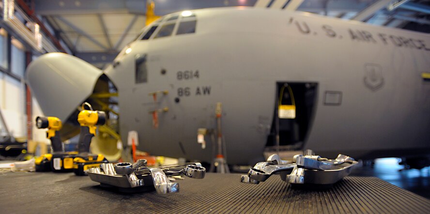 Tools rest on a toolbox beside a C-130J Super Hercules Jan. 19, 2016, at Ramstein Air Base, Germany. The C-130J was due for a C-2 isochronal (ISO) inspection. During the ISO inspection, the aircraft is examined from tip to tip, nose to tail and top to bottom to determine the need for any necessary and preventative maintenance. The inspection takes approximately two weeks. (U.S. Air Force photo/Staff Sgt. Timothy Moore)