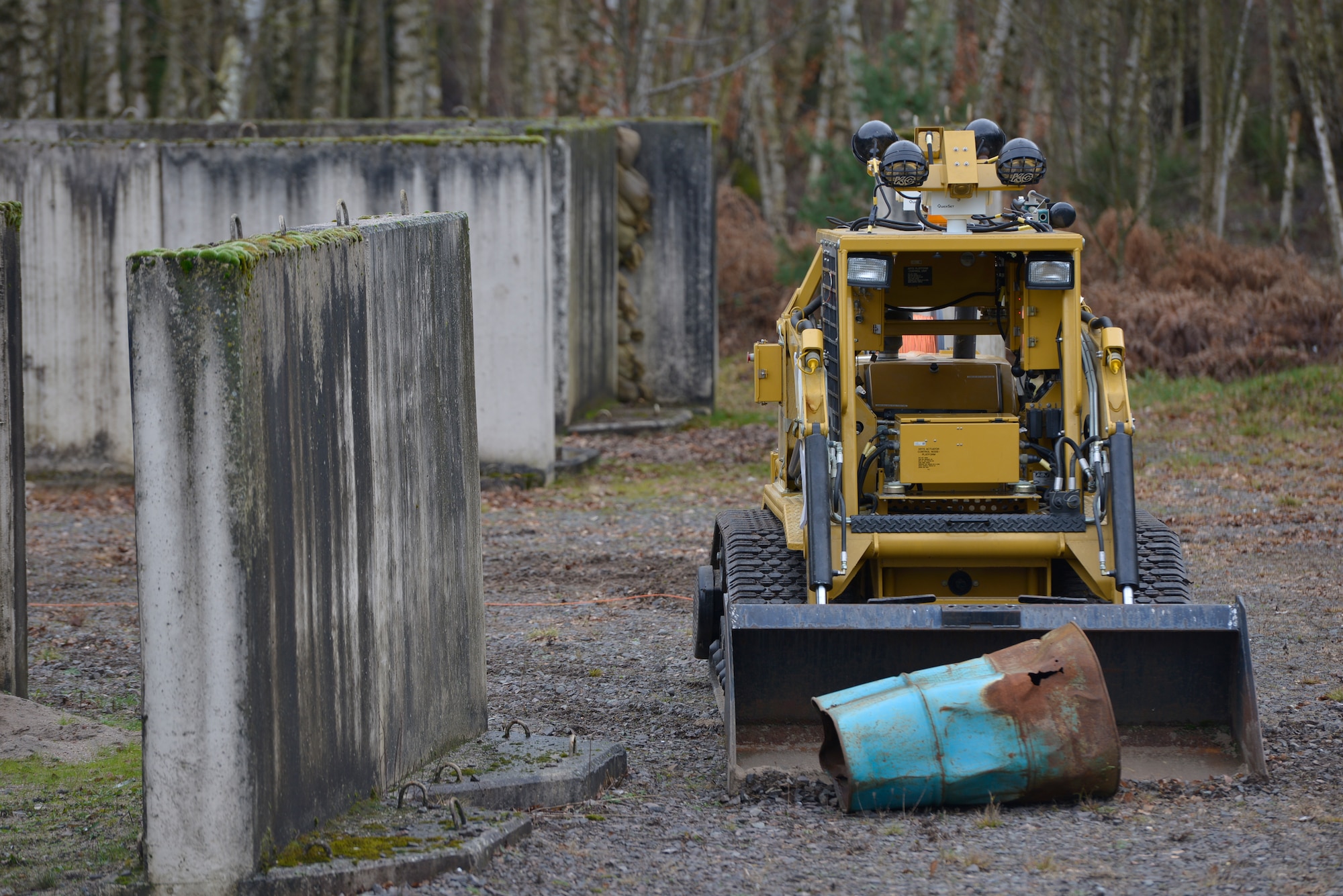 An All-purpose Remote Transport System locates and picks up debris during an Explosive Ordnance Disposal training event Jan. 28, 2016, at Ramstein Air Base, Germany. The ARTS is a Kevlar-tracked, remote-controlled 3.5-ton vehicle that can be transformed into a multipurpose tool such as a forklift or an unexploded ordnance remover. (U.S. Air Force photo/Airman 1st Class Lane T. Plummer)
