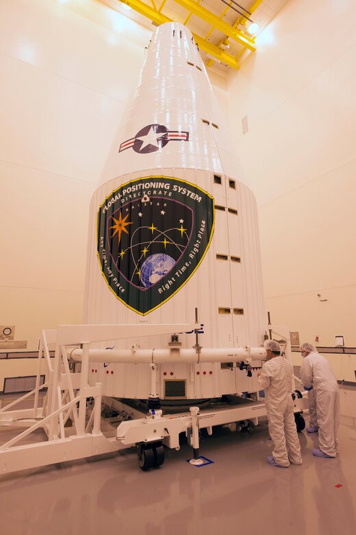 The Air Force's twelfth Global Positioning System (GPS) IIF satellite is encapsulated inside an Atlas V 4-meter payload fairing before being transported to a United Launch Alliance facility for hoist and mate at Cape Canaveral Air Force Station, Fla. The mission is set to liftoff off from Space Launch Complex 41 on Feb. 5, culminating a 27-year legacy of processing GPS satellites for the 45th Space Wing.  The last Air Force GPS IIF in a block of 12 satellites was delivered to the Airmen-led processing team at CCAFS from Boeing's manufacturing facility in El Segundo, Calif., Oct. 8.  (Courtesy photo/United Launch Alliance) (Limited Release)