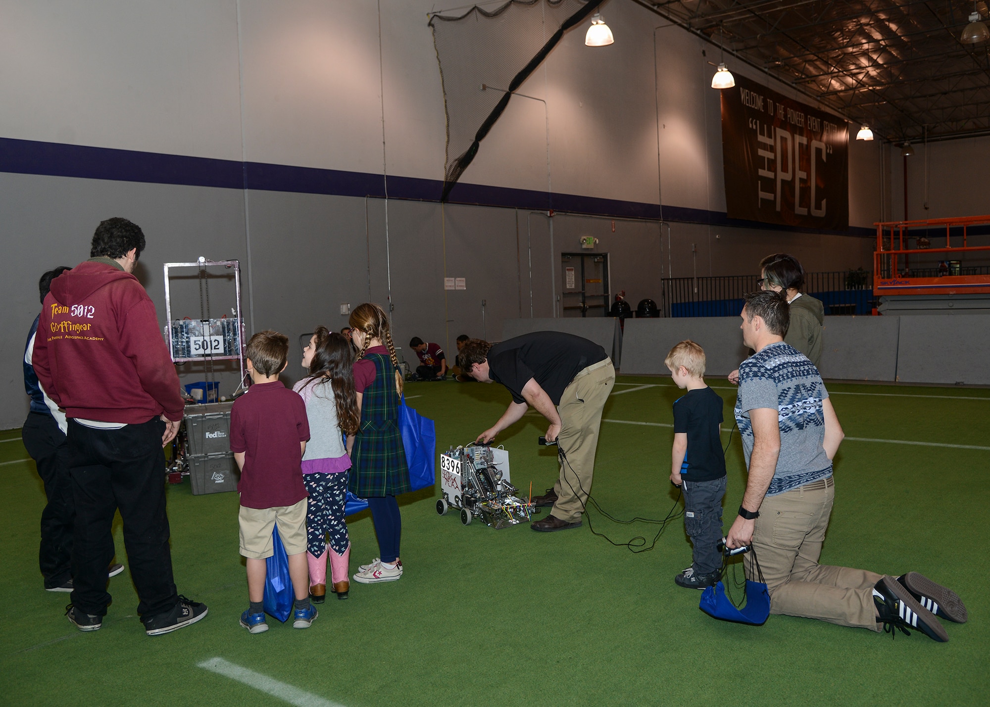 Children in attendance at the annual “Welcome to the A.V.” event got a chance to see the robots created by robotics teams at local Antelope Valley schools. (U.S. Air Force photo by Rebecca Amber)