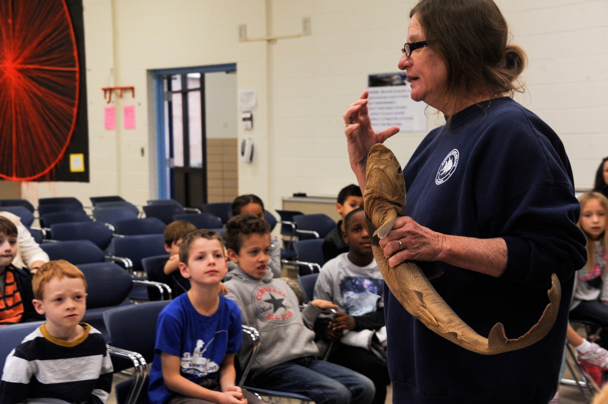 Hazel Wilson, Dauphin Island Sea Lab marine science educator, exhibits a Nurse Shark to a class of second graders during the Dauphin Island Sea Lab’s BayMobile event Jan. 26, 2015, at the Maxwell Elementary/Middle School at Maxwell Air Force Base, Alabama. The Nurse shark is an inshore bottom-dwelling shark found in tropical and subtropical waters and can reach the ten feet in length. (U.S. Air Force photo by Airman 1st Class Alexa Culbert)