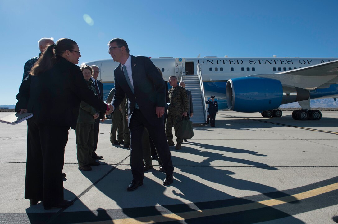 Defense Secretary Ash Carter arrives at Naval Air Weapons Station China Lake, Calif., Feb. 2, 2016. Carter is traveling this week to meet with service members and other members of the defense community to discuss the fiscal year 2017 defense budget proposal and its impact on the military. DoD photo by Navy Petty Officer 1st Class Tim D. Godbee