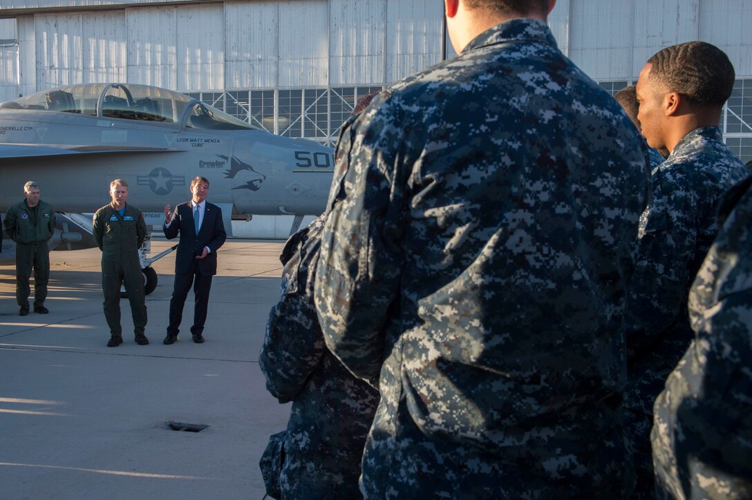 Defense Secretary Ash Carter speaks with troops at Naval Air Weapons Station China Lake, Calif., Feb. 2, 2016. DoD photo by Navy Petty Officer 1st Class Tim D. Godbee