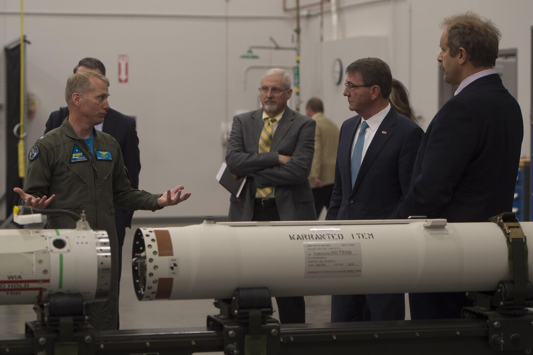 Defense Secretary Ash Carter receives a tour of the propulsion laboratory at Naval Air Weapons Station China Lake, Calif., Feb. 2., 2016. Carter is meeting this week with troops and other members of the defense community to preview the FY17 defense budget and its impact on the military. DoD photo by Navy Petty Officer 1st Class Tim D. Godbee