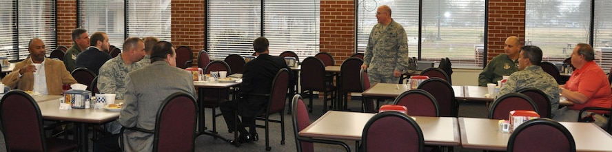 Col. Jeffery King, the 78th Air Base Wing commander, welcomes the current class of Honorary Commanders for breakfast with the members and commanders of Robins Air Force Base at the Wynn Dining Facility, Feb 2, 2016.