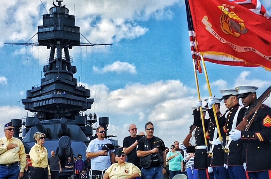 Marines with the Recruiting Station Houston Color Guard performed a colors ceremony aboard the Battleship USS Texas to commemorate the 75th anniversary of the activation of the 1st Marine Division, Jan. 31, 2016. The 1st MarDiv was activated aboard the Battleship USS Texas on Feb. 1, 1941. It is the oldest, largest, and most decorated division in the Marine Corps. (Official Marine Corps photo by Sgt Gabby Petticrew / Released) 