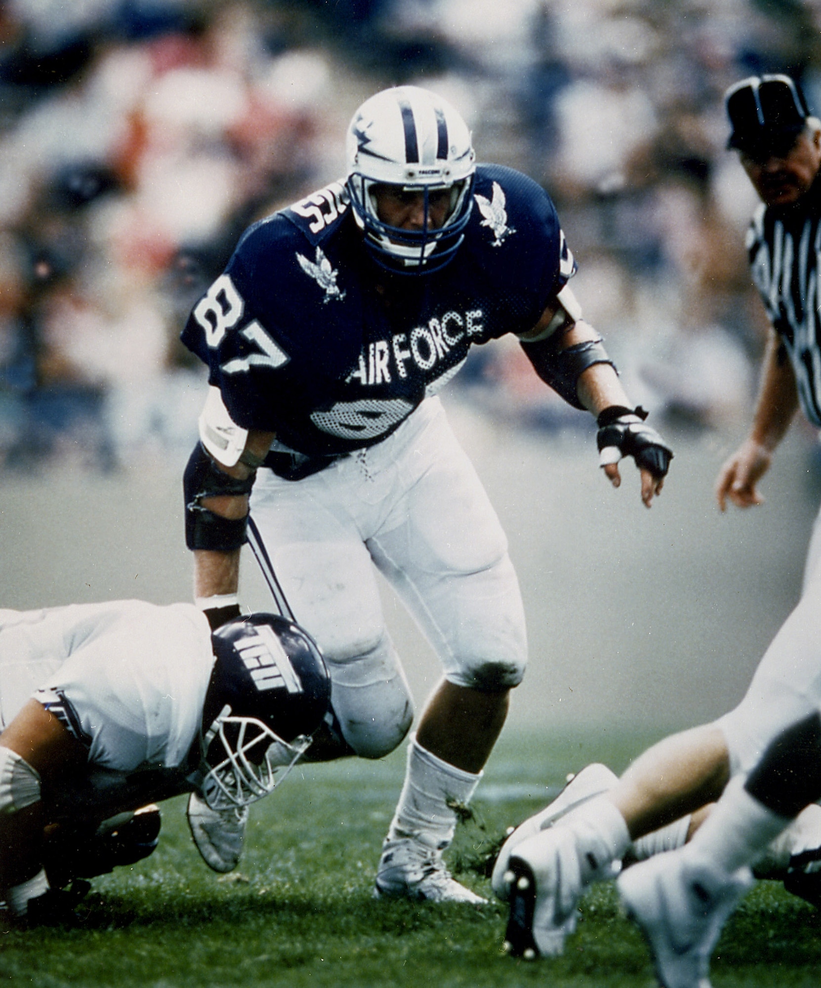 Chad Hennings was a 1988 U.S. Air Force Academy graduate and he led the nation with 24 sacks and was awarded the Outland Trophy during the 1987 season -- an award that recognizes the nation’s best interior lineman. Hennings was drafted by the Dallas Cowboys in the 11th round of the 1988 NFL draft, but he first served a four-year, active-duty commitment as an A-10 Thunderbolt II pilot before being able to gain a waiver when the Air Force went through a Reduction in Force in 1992. He would go on to serve almost 10 more years in the Air Force Reserve Individual Mobilization Augmentee program. (Photo courtesy of Air Force Athletics) 