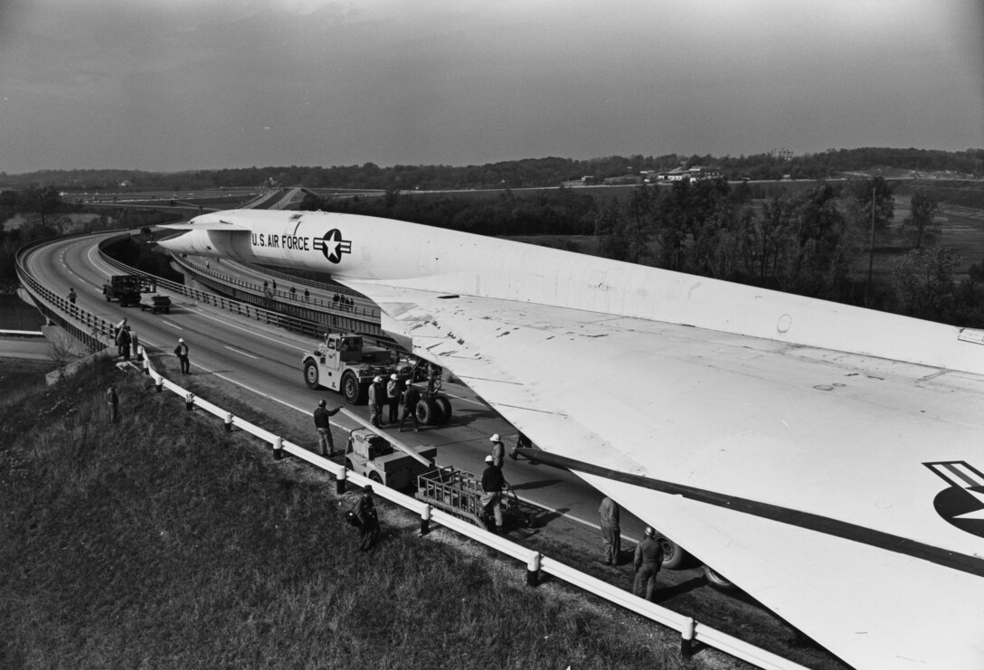 The North American XB-70 Valkyrie moves from the Air Force Museum at Patterson Field down State Route 444 to the new home at historic Wright Field during 1970-71. (U.S. Air Force photo)