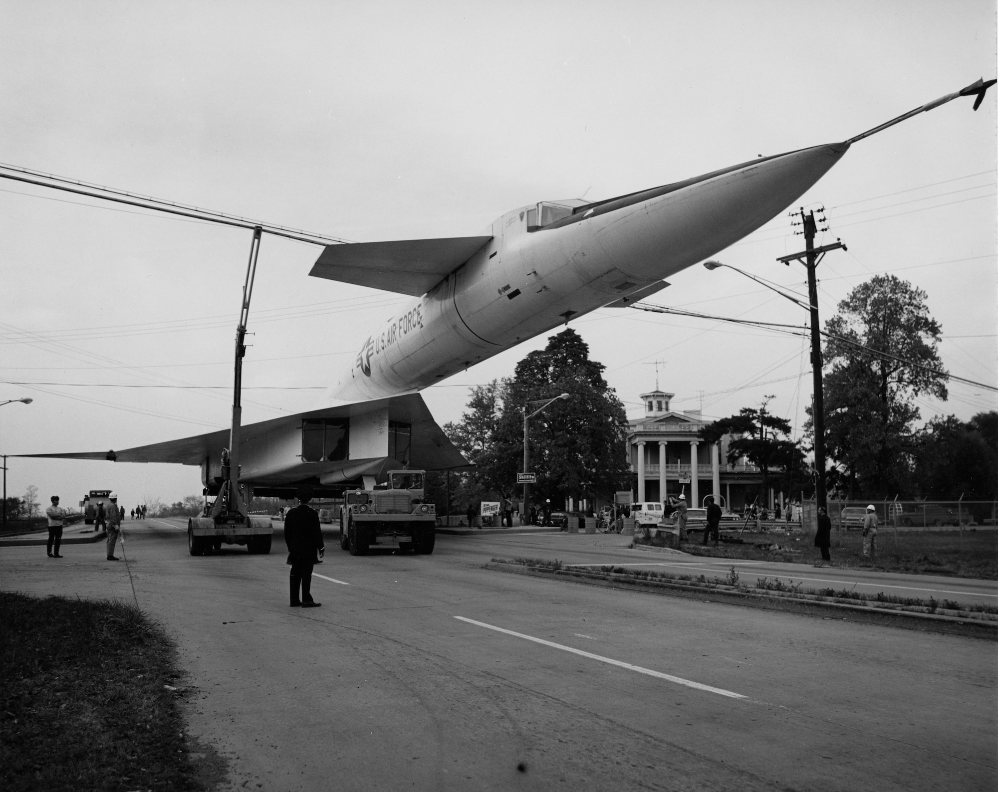 The North American XB-70 Valkyrie moves from the Air Force Museum at Patterson Field down State Route 444 to the new home at historic Wright Field during 1970-71. (U.S. Air Force photo)