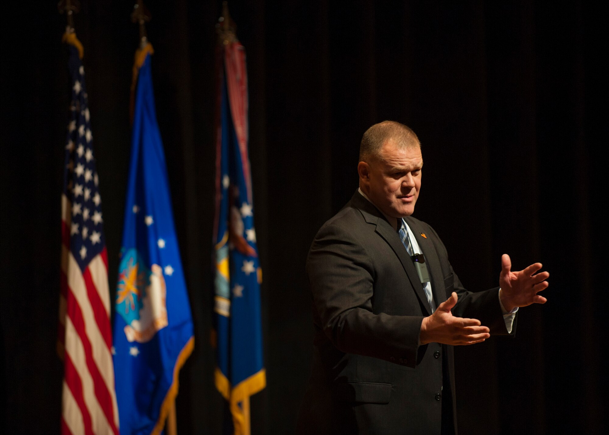 Retired Chief Master Sgt. of the Air Force James A. Roy speaks to employees of the National Air and Space Intelligence Center during his tour of Wright-Patterson Air Force Base, Ohio, Friday, Jan. 29, 2016. Roy entered into the Air Force in September of 1982 and retired after 31 years of service. (U.S. Air Force photo by Senior Airman Justyn Freeman)