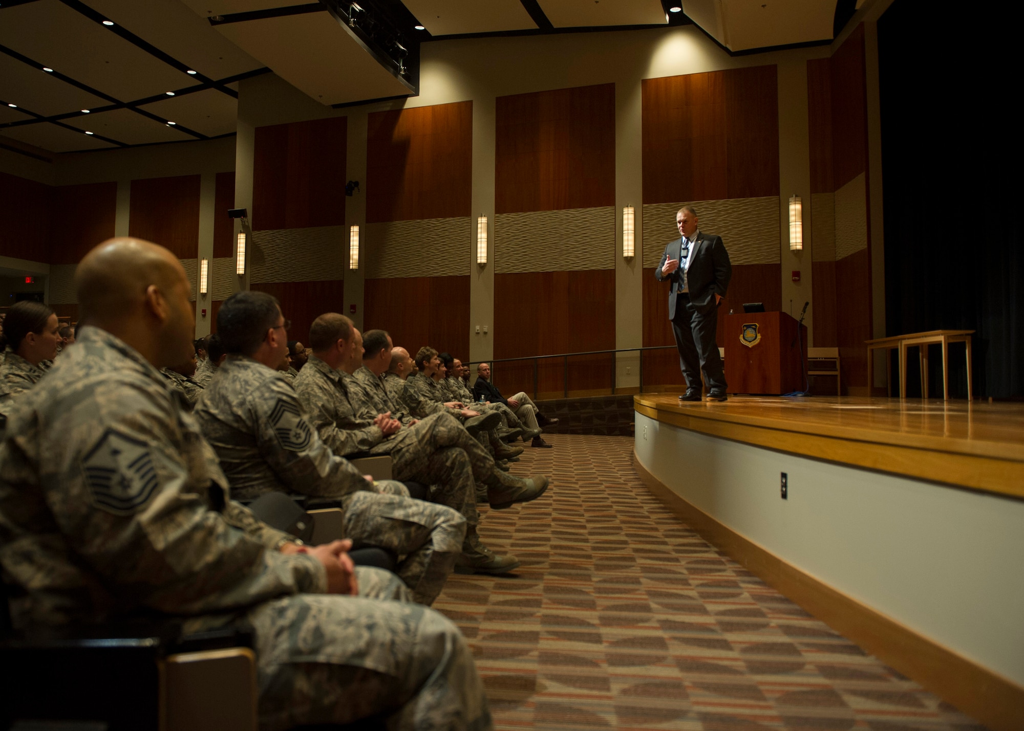 Retired Chief Master Sgt. of the Air Force James A. Roy speaks to employees of the National Air and Space Intelligence Center during his tour of Wright-Patterson Air Force Base, Ohio, Friday, Jan. 29, 2016. Roy served as the 16th Chief Master Sergeant of the Air Force. (U.S. Air Force photo by Senior Airman Justyn Freeman)