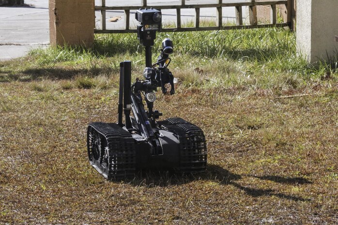 The MK-2 Mod 1 Talon, an Explosive Ordnance Disposal robot controlled by Marines with EOD Company, 8th Engineer Support Battalion, is used instead of Marines to acquire initial visuals of an improvised explosive device during an IED access training exercise aboard Camp Lejeune, N.C., Jan. 29, 2016. During the exercise, evaluators assessed Marines on safely locating and disposing of an IED while suppressing the full capabilities of the threat. (U.S. Marine Corps photo by Lance Cpl. Aaron K. Fiala/Released)