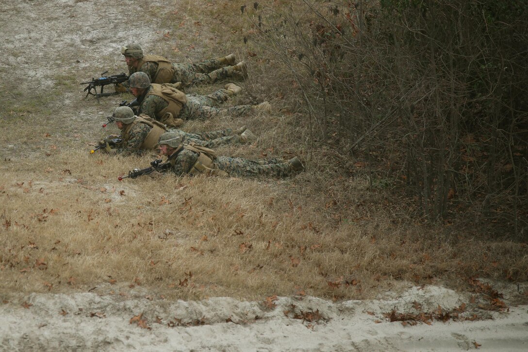 Marines with 2nd Combat Engineer Battalion post security during the assault breacher’s portion of the Sapper leader’s course at Camp Lejeune, N.C., Jan. 28, 2016. The three-week long course trains the Marines to be more proficient at patrolling, demolitions and demolition breaching. (U.S. Marine Corps photo by Cpl. Joey Mendez)