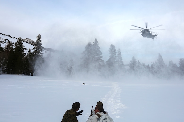 Marines with 2nd Platoon, Alpha Company, 2nd Assault Amphibian Battalion, radio in a CH-53E Super Stallion as part of their avalanche scenario at the Mountain Warfare Training Center in Bridgeport, Calif., Jan. 20, 2016.  Marines across II Marine Expeditionary Force and 2nd Marine Expeditionary Brigade took part in the scenario as part of Mountain Exercise 1-16 in preparation for Exercise Cold Response 16.1 in Norway this March. The exercise will feature military training including maritime, land and air operations that underscore NATO's ability to defend against any threat in any environment. (U.S. Marine Corps photo by Cpl. Dalton A. Precht/released)