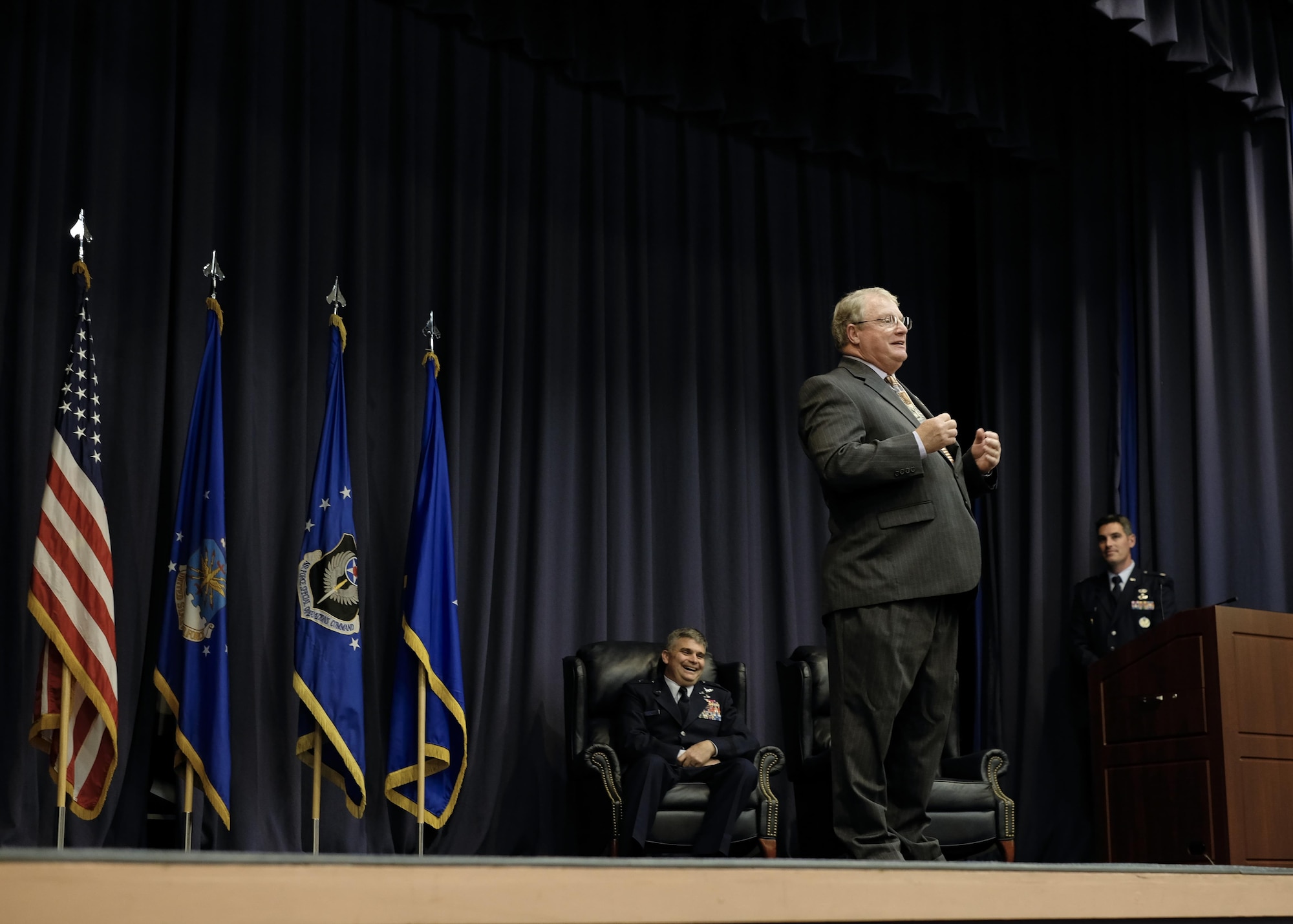 John Townsend, deputy division chief of special operations forces mobility with Air Force Special Operations Command, retired at the King Auditorium on Hurlburt Field, Fla., Jan. 22, 2016. Townsend spent 42 years as both a civilian and an officer in AFSOC. He was one of the navigators that participated in Operation Eagle Claw in 1980.