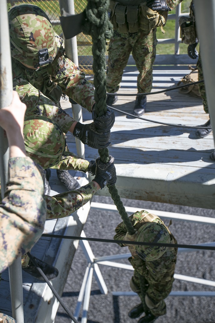 Japan Ground Self-Defense Force (JGSDF) soldiers conduct team fast-roping during helicopter rope suspension training during Exercise Iron Fist 2016 aboard Camp Pendleton, Calif., Feb. 1, 2016. Team fast-roping provides an expedient means of troop insertion during combat and reconnaissance operations. (U.S. Marine Corps photo by Cpl. Xzavior T. McNeal/Released)
