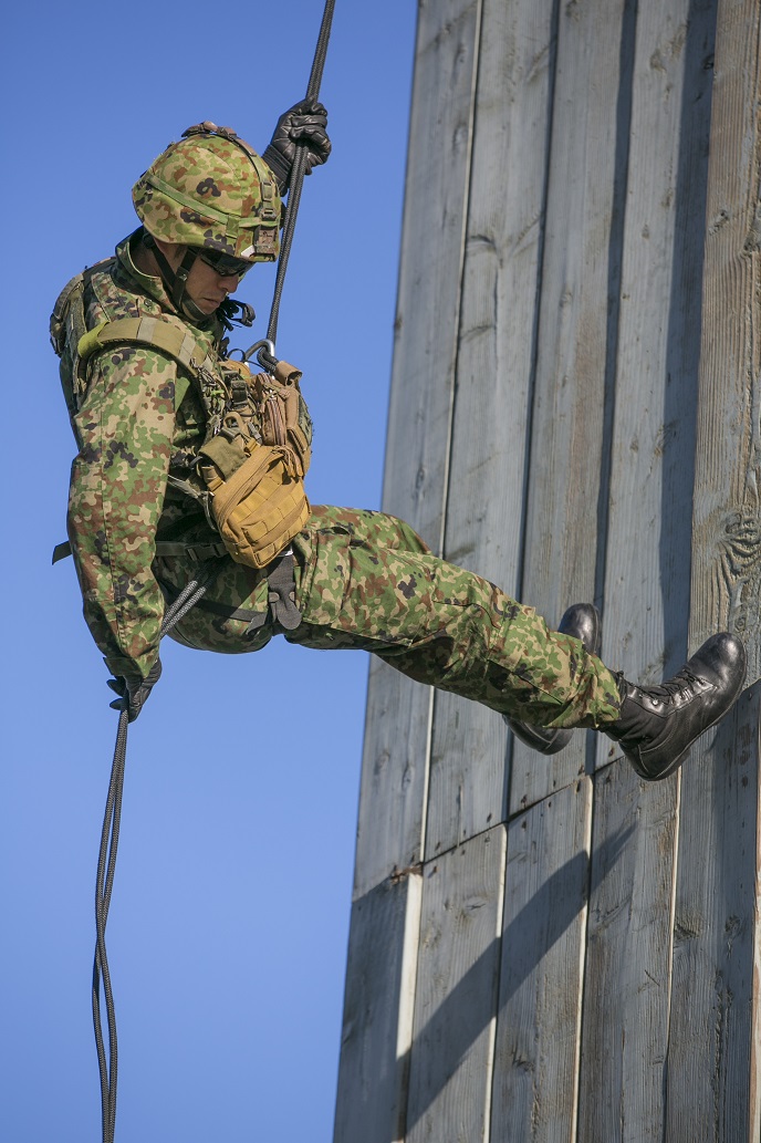 A Japan Ground Self-Defense Force (JGSDF) soldier rappels down a tower during helicopter rope suspension training, during Exercise Iron Fist 2016 aboard Camp Pendleton, Calif., Feb. 1, 2016. Rappelling is a controlled descent from a great height using a harness and ropes as a pulley system. (U.S. Marine Corps photo by Cpl. Xzavior T. McNeal/Released)