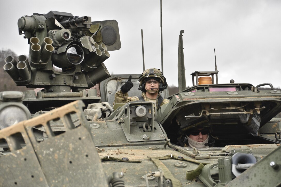 Soldiers drive their vehicles and equipment toward the tactical fuel point while conducting maintenance operations and general upkeep of their vehicles during the unit's participation in Allied Spirit IV in Hohenfels, Germany, Jan. 28, 2016. Army photo by Sgt. William A. Tanner